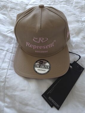 New Era Represent Snapback Cap in Tan with Pink Embroidery
